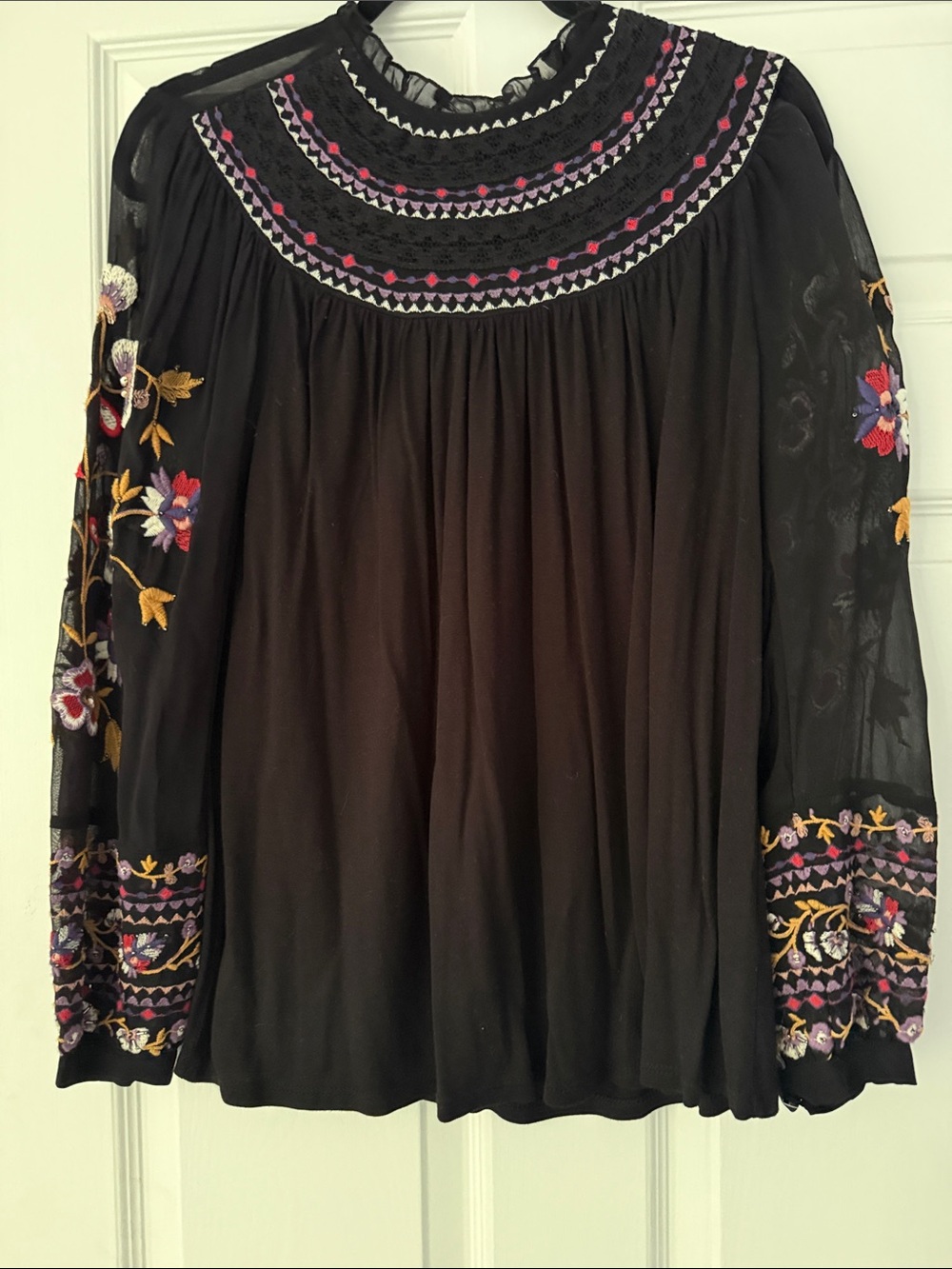 Anthropologie Black Embroidered Boho Blouse - Women Tops